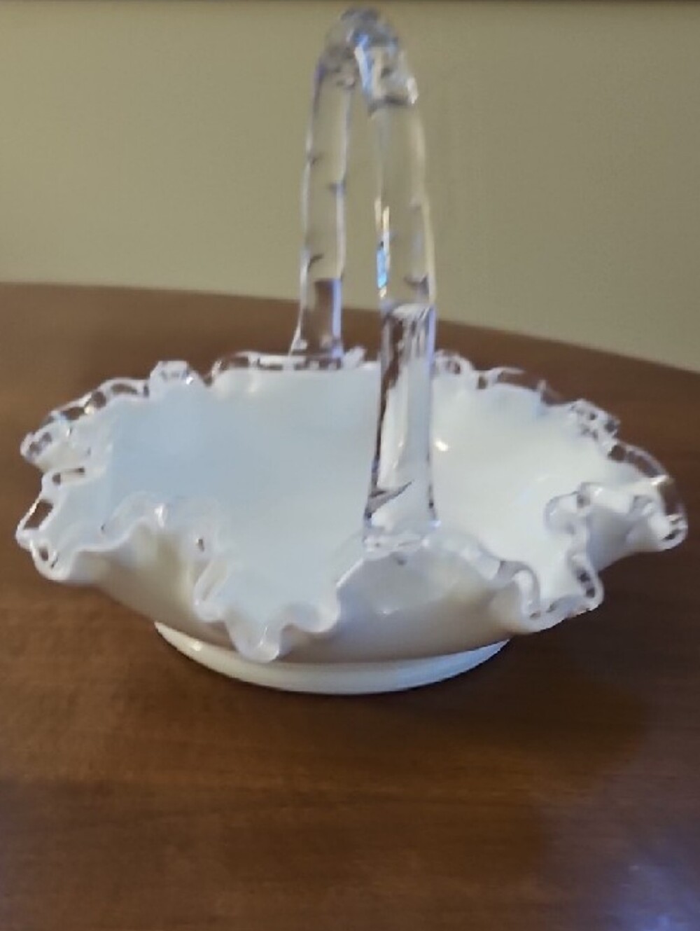 Fenton Silvercrest White Milk Glass Ruffled Edge Basket with Clear Handle - Picture 5 of 7
